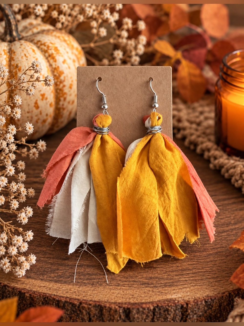 Handmade Fall Candy Corn Inspired Sari Silk Ribbon Tassel Earrings